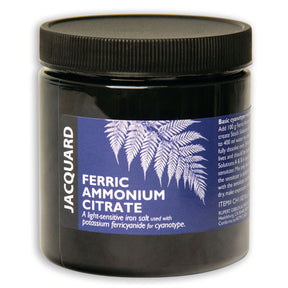 Ferric Ammonium Citrate jar with a blue label featuring fern graphics and text, on a white background