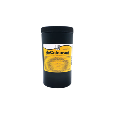 Black container of deColourant with yellow label on a white background