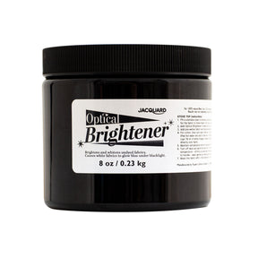 Black jar of Optical Brightener with a label on a white background