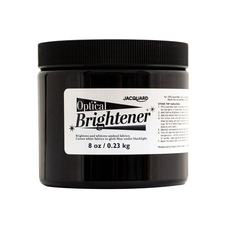 Black jar of Optical Brightener with a label on a white background