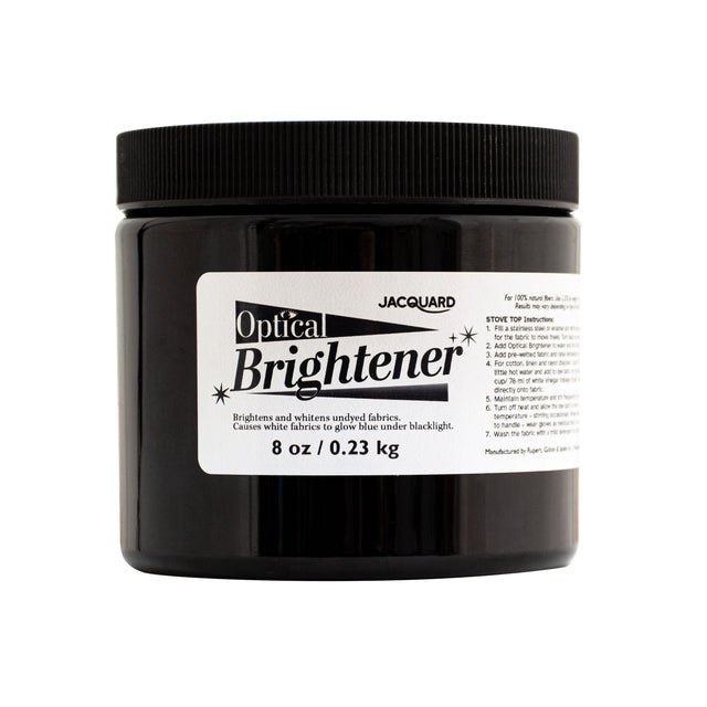 Black jar of Optical Brightener with a label on a white background