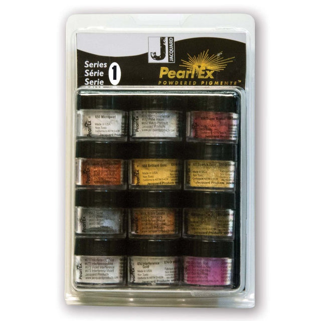 Packaged set of PearlEx powdered pigments with various colors on a white background
