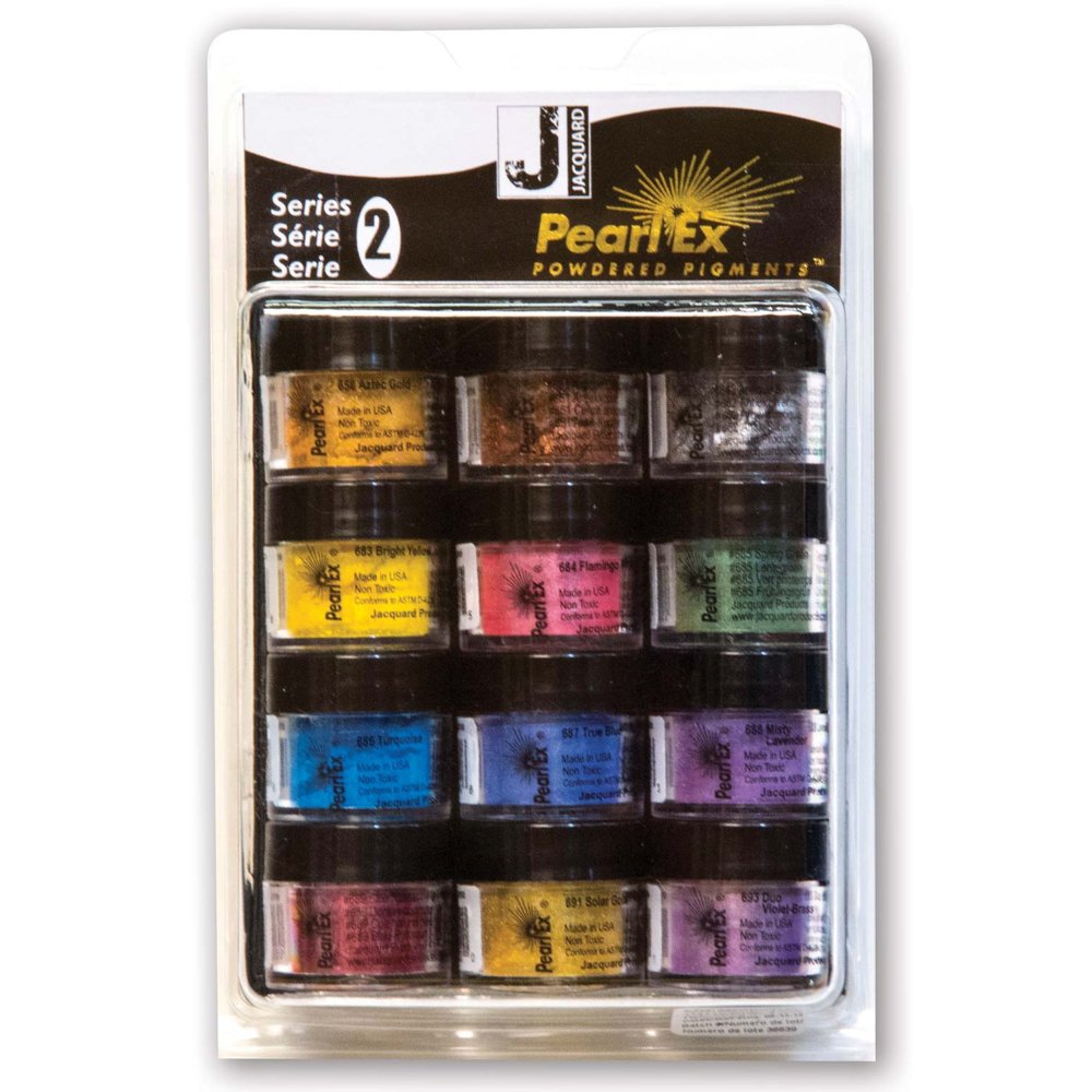 A set of 12 Jacquard Pearl Ex Series 2 powdered pigments in various colors, packaged in a clear plastic case.