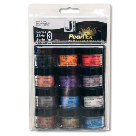 A pack of twelve Jacquard Products Pearl EX Powdered Pigments in various colors, sealed in individual containers within a clear plastic case.