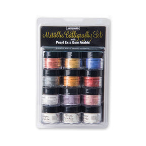 Packaged set of Pearl Ex with Gum Arabic metallic calligraphy pigments with colorful jars on a white background