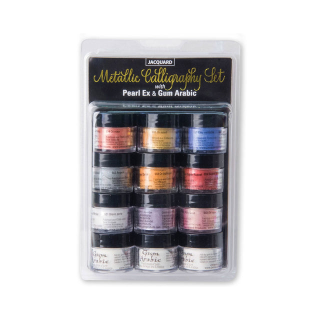 Packaged set of Pearl Ex with Gum Arabic metallic calligraphy pigments with colorful jars on a white background