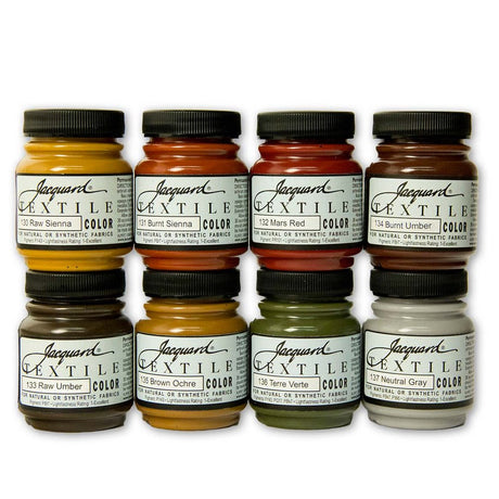 8 jars of Jacquard textile color fabric paints in earth tones on a white background