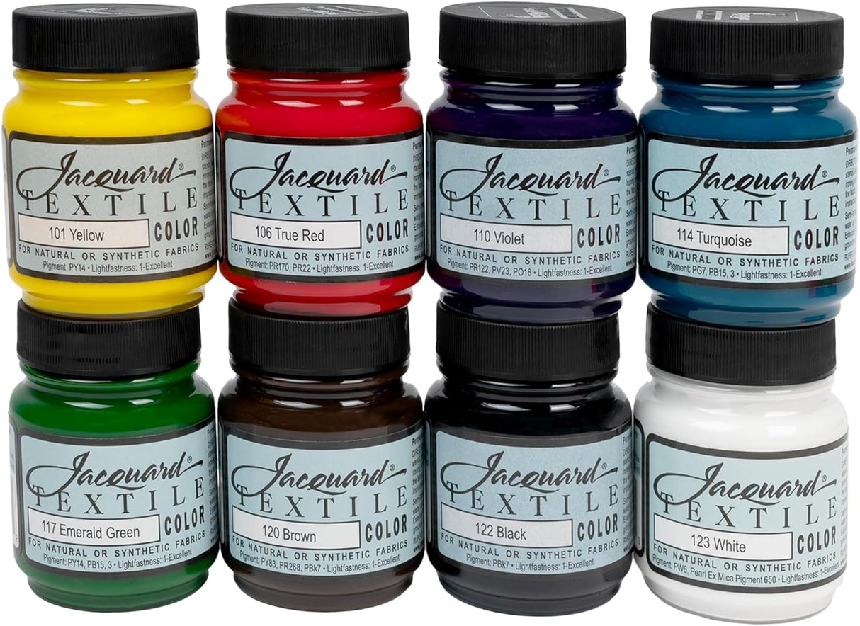 Set of eight Jacquard Textile Color bottles in various colors with black lids.