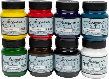 Set of eight Jacquard Textile Color bottles in various colors with black lids.