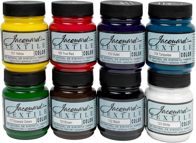 Set of eight Jacquard Textile Color bottles in various colors with black lids.