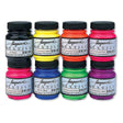 8 Jars of Jacquard Textile color in neon colours on a white background