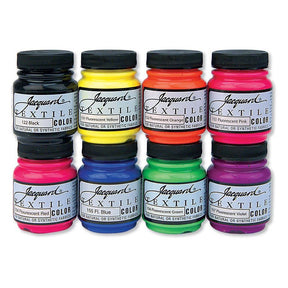 8 Jars of Jacquard Textile color in neon colours on a white background