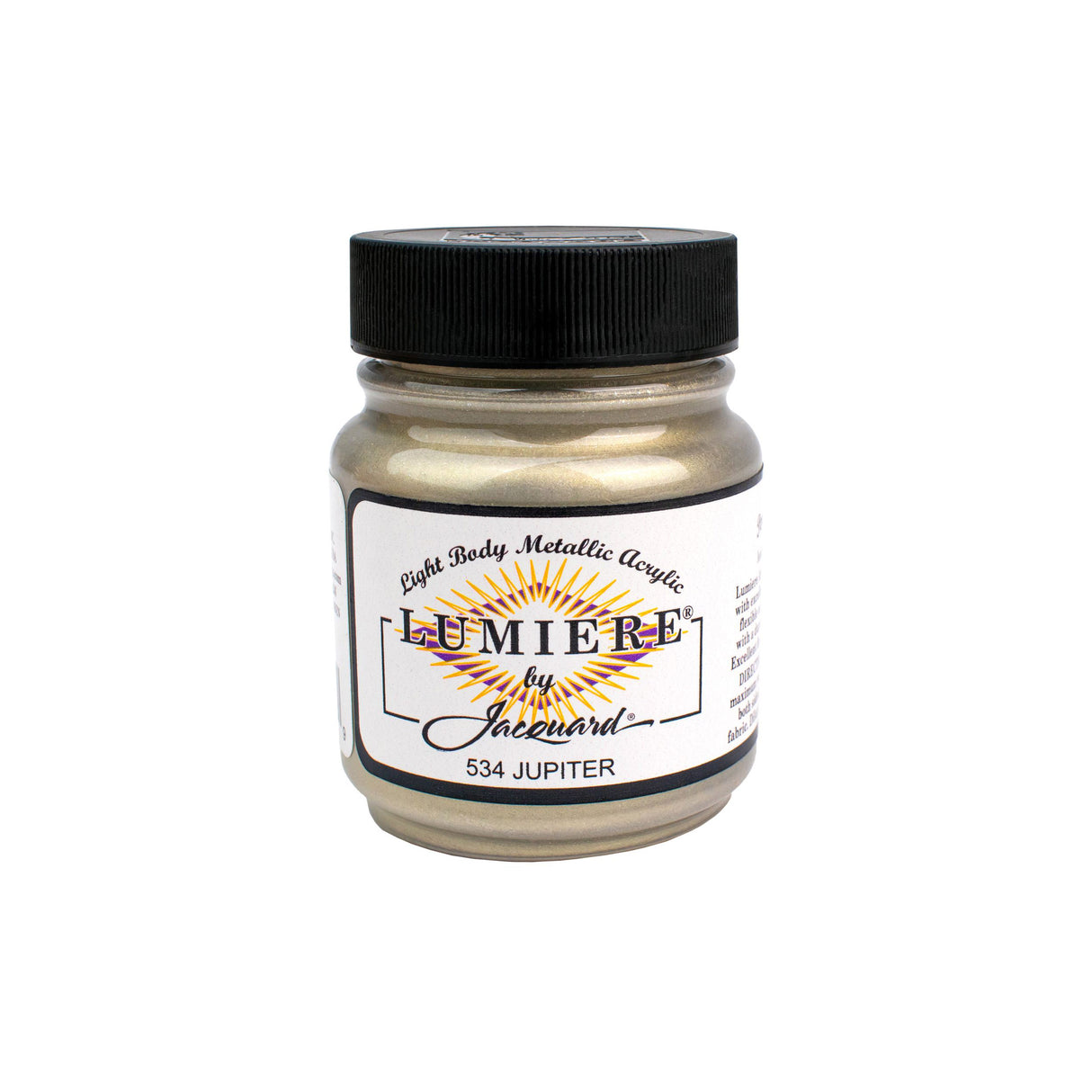 Jar of Jupiter Lumiere by Jacquard metallic paint on a white background