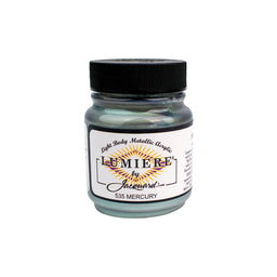 Jar of Mercury Lumiere by Jacquard acrylic paint in Mercury color on a white background