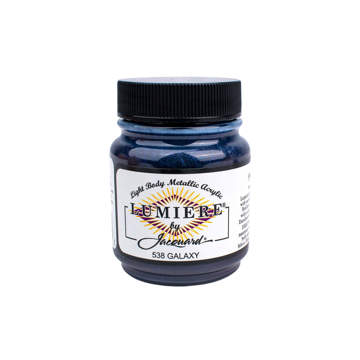 Jar of Galaxy Coloured Lumiere by Jacquard paint with black lid on a white background