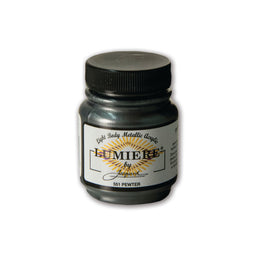Jar of Lumiere by Jacquard acrylic paint in Pewter color on a white background