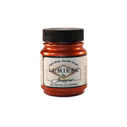 Jar of Jacquard Lumiere metallic copper paint on a white background