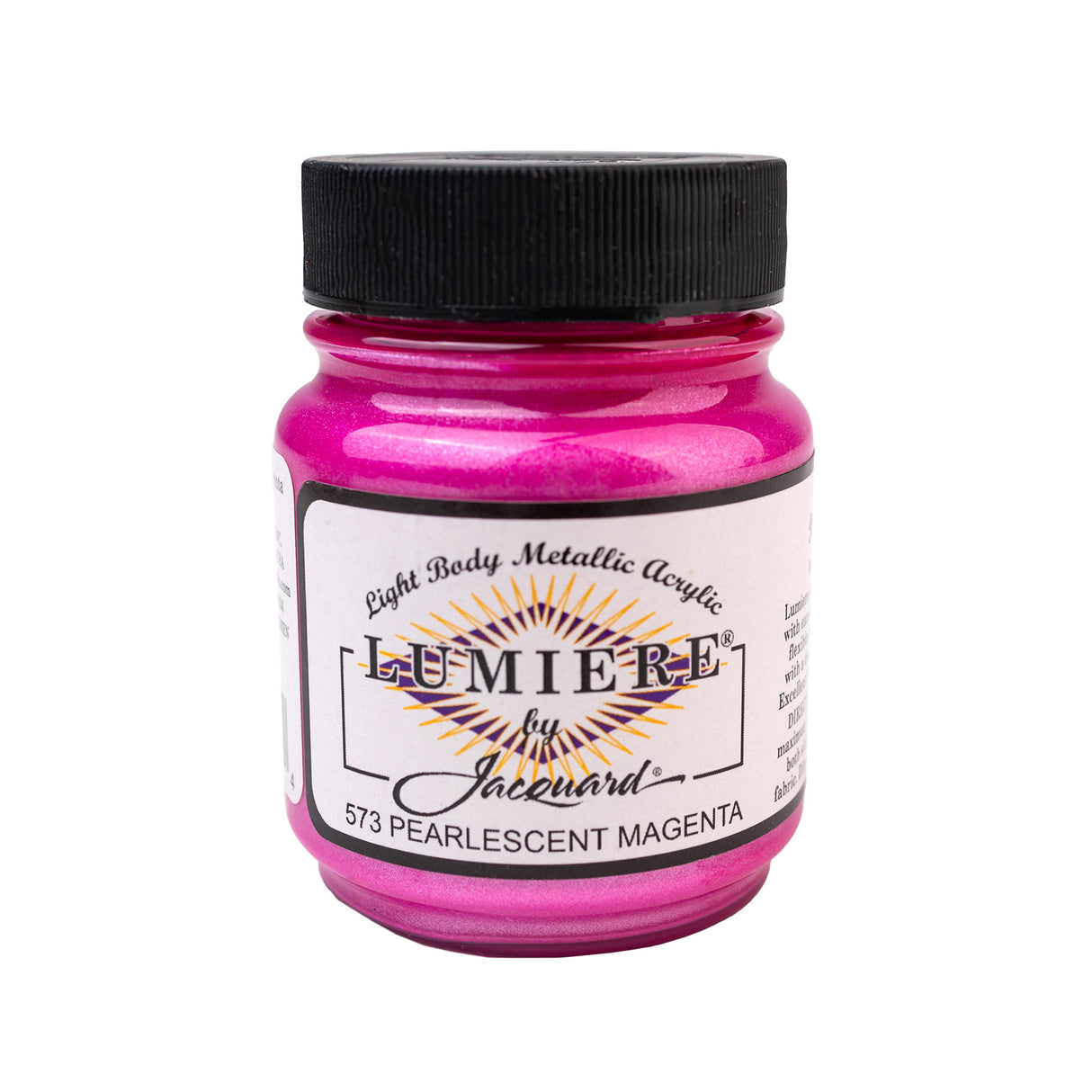 Jar of Lumiere by Jacquard pink metallic acrylic paint on a white background