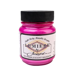 Jar of Lumiere by Jacquard pink metallic acrylic paint on a white background