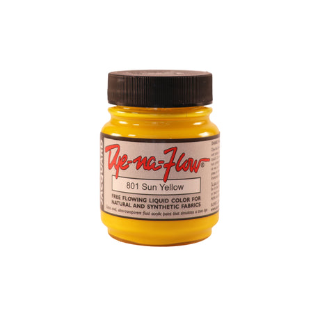 A jar of Jacquard Dye-Na-Flow fabric liquid paint in 801 Sun Yellow colour, intended for use on natural and synthetic fabrics