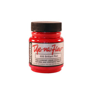 A jar of Jacquard Dye-Na-Flow fabric liquid paint in 806 Brilliant Red colour, intended for use on natural and synthetic fabrics