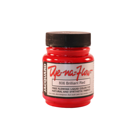 A jar of Jacquard Dye-Na-Flow fabric liquid paint in 806 Brilliant Red colour, intended for use on natural and synthetic fabrics