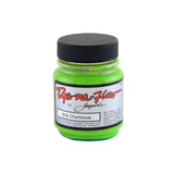 A jar of Jacquard Dye-Na-Flow fabric liquid paint in 818 Chartreuse colour, intended for use on natural and synthetic fabrics