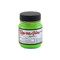 A jar of Jacquard Dye-Na-Flow fabric liquid paint in 818 Chartreuse colour, intended for use on natural and synthetic fabrics