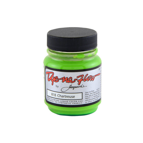 A jar of Jacquard Dye-Na-Flow fabric liquid paint in 818 Chartreuse colour, intended for use on natural and synthetic fabrics