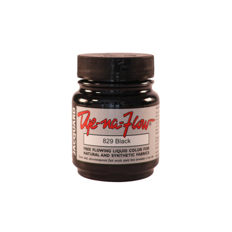 A jar of Jacquard Dye-Na-Flow fabric liquid paint in 829 Black colour, intended for use on natural and synthetic fabrics