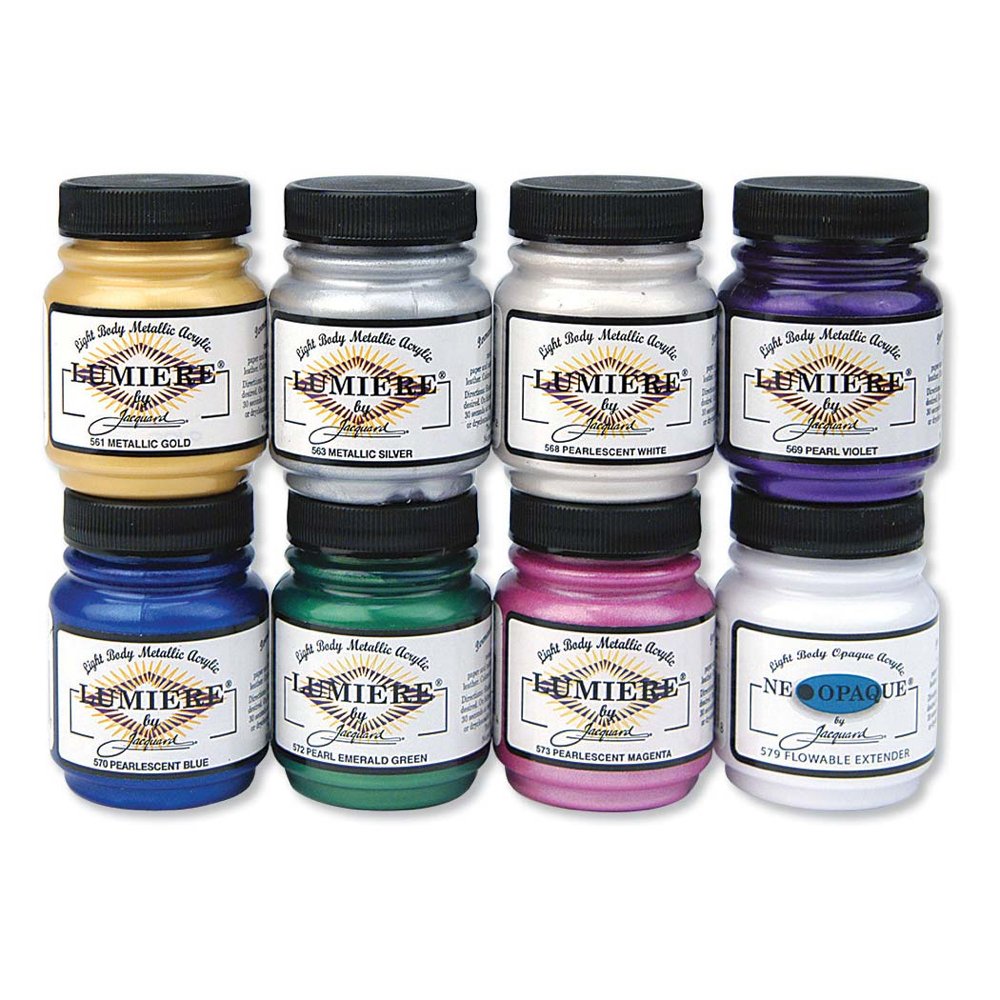 7 Jacquard Lumiere Jars with a jar of Neopaque extender on a white background