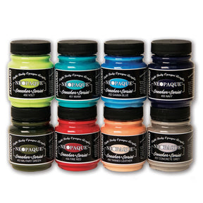 Eight jars of Neopaque Sneaker Series acrylic fabric paint in assorted colors, arranged in two rows of four on a white background.