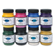 Set of eight bottles of Jacquard Neopaque fabric paint in various colors on a white background