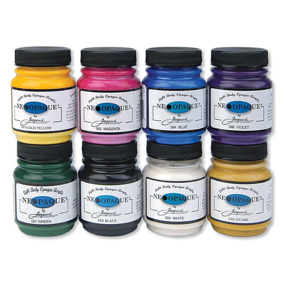 Set of eight bottles of Jacquard Neopaque fabric paint in various colors on a white background