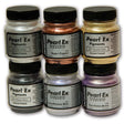 Six jars of Jacquard Pearl Ex Pigments powder arranged in two rows on a white background. The jars show different metallic and shimmer pigment colors: Pearlwhite, Super Copper, Sparkle Gold, Antique Silver, Interference Blue, and Duo Violet-Brass.
