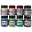 Eight jars of Jacquard Pearl Ex Powdered Pigments arranged in two rows on a white background, showing a variety of colors including Citrine yellow, Scarlet, Magenta, Shimmer Violet, Sapphire Blue, Apple Green, Emerald, and Dark Brown.