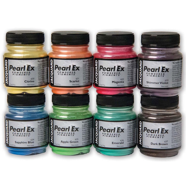 Eight jars of Jacquard Pearl Ex Powdered Pigments arranged in two rows on a white background, showing a variety of colors including Citrine yellow, Scarlet, Magenta, Shimmer Violet, Sapphire Blue, Apple Green, Emerald, and Dark Brown.