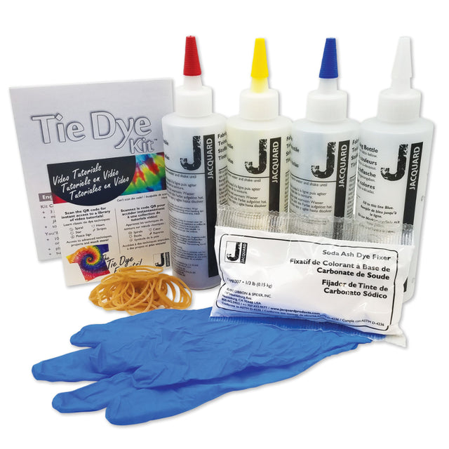 Jacquard tie-dye kit with bottles, gloves, and instructions on a white background