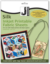 Packaging of Jacquard Silk Inkjet Printable Fabric Sheets with examples of printed designs.
