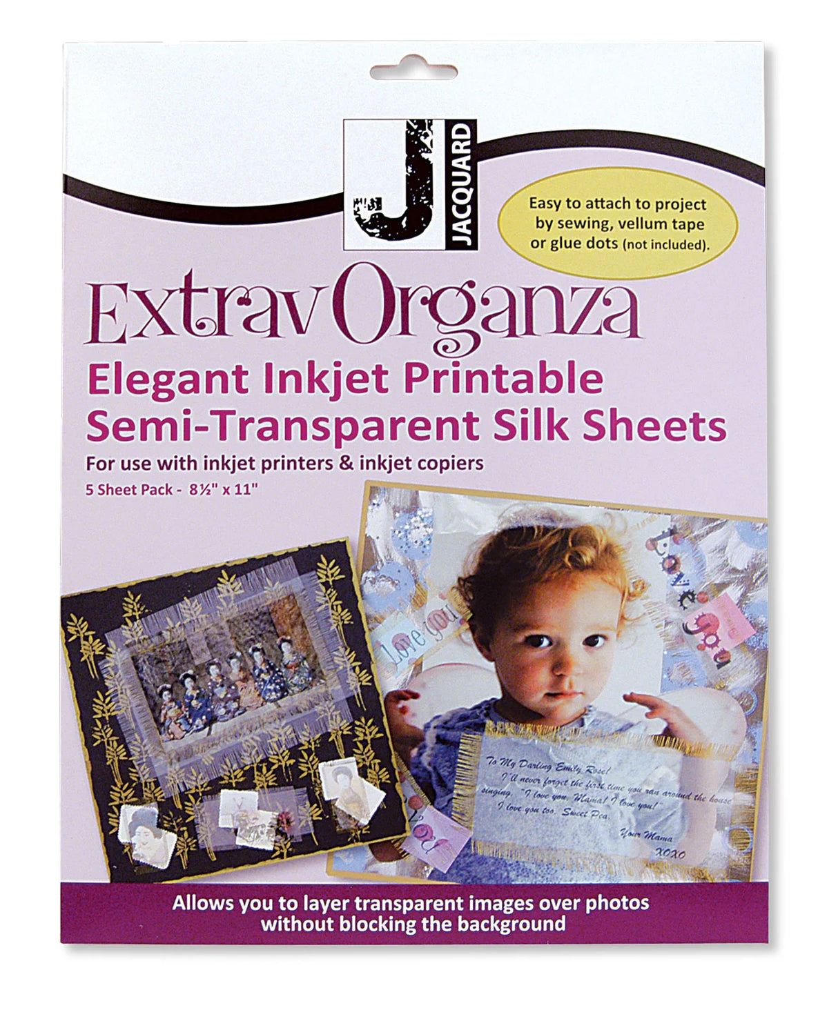 Package of Jacquard Extrav Organza semi-transparent silk sheets with a child's photo on the front.