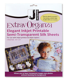 Package of Jacquard Extrav Organza semi-transparent silk sheets with a child's photo on the front.