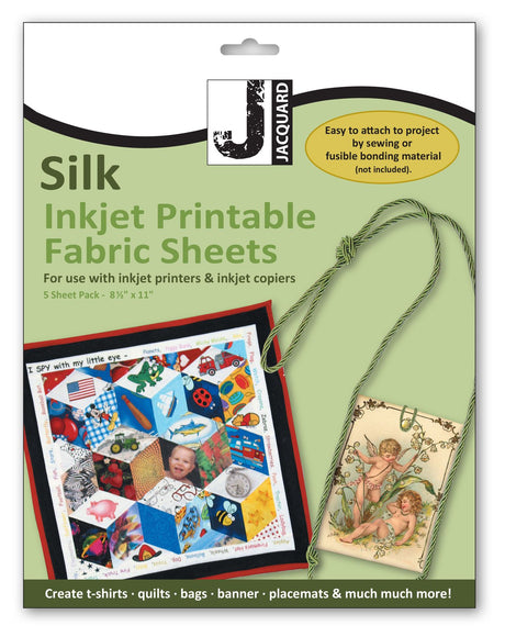 Package of Jacquard Silk Inkjet Printable Fabric Sheets with sample designs on a green background