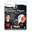 Jacquard Iron-On Transfer Paper 3 sheet pack for dark fabrics, featuring a black and white retail card with product details, usage examples, and a model wearing a printed t-shirt.