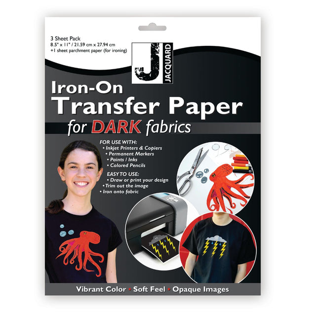 Jacquard Iron-On Transfer Paper 3 sheet pack for dark fabrics, featuring a black and white retail card with product details, usage examples, and a model wearing a printed t-shirt.