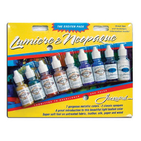 Jacquard mixed exciter pack of Lumiere and Neopaque fabric paints on a white background