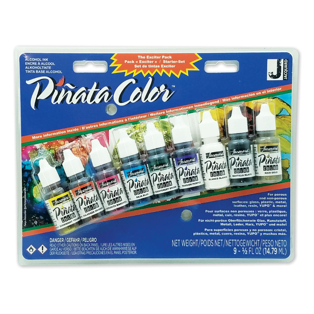 A package of Pinata Color alcohol inks set in a blister card with eight small bottles of different colors, shown on a white background.