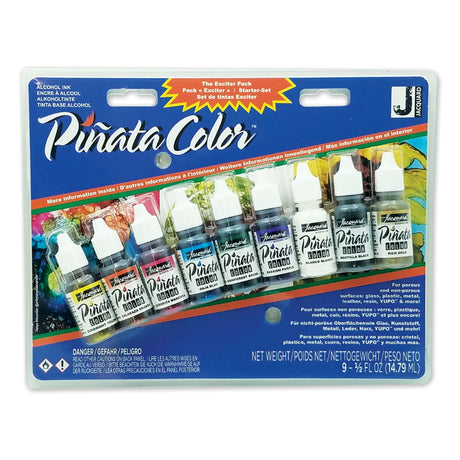 A package of Pinata Color alcohol inks set in a blister card with eight small bottles of different colors, shown on a white background.