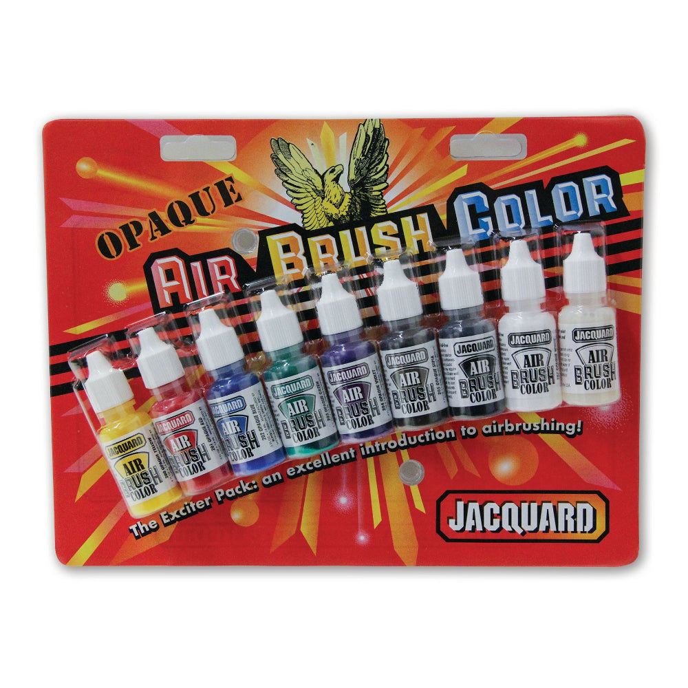 I packet with 9 airbrush opaque paints from Jacquard on a white background