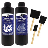 Two bottles labeled 'Cyanotype Part A' and 'Cyanotype Part B' with foam brushes.