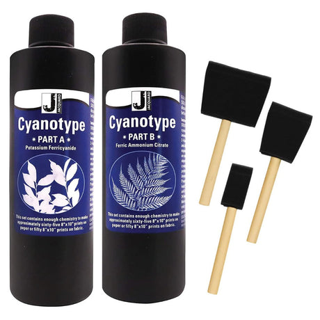 Two bottles labeled 'Cyanotype Part A' and 'Cyanotype Part B' with foam brushes.